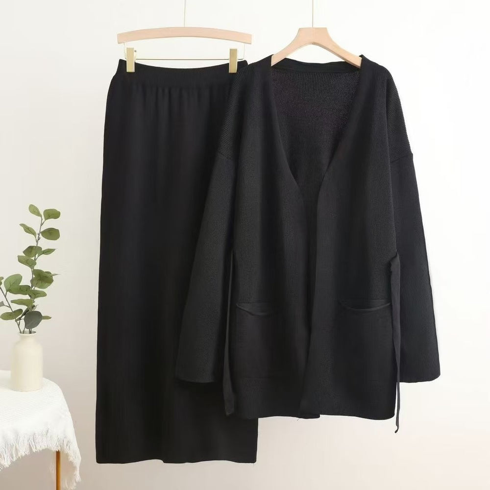 Damen lässiges Strickensemble mit tiefem V-Ausschnitt und praktischen Taschen R&B