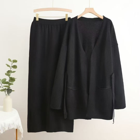 Damen lässiges Strickensemble mit tiefem V-Ausschnitt und praktischen Taschen R&B
