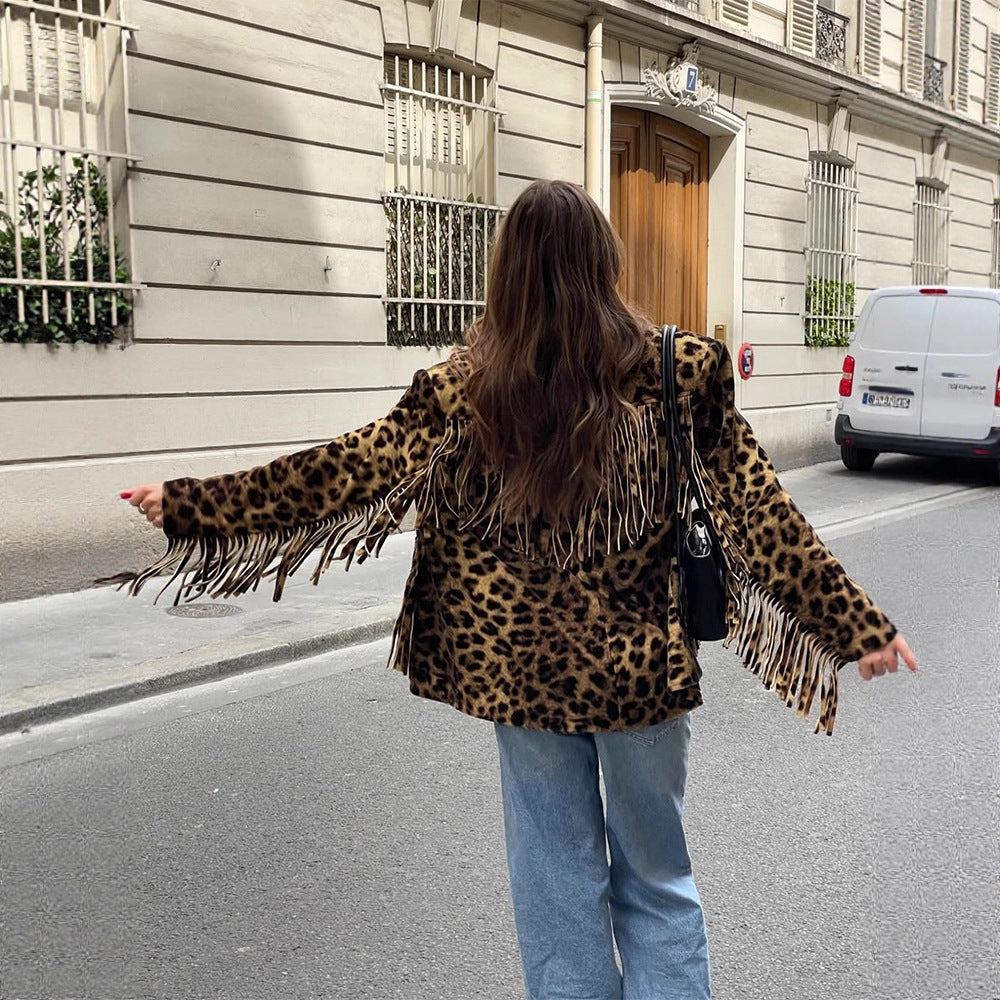 Damen Leoparden-Wildlederjacke mit Fransen und modischem Schnitt R&B