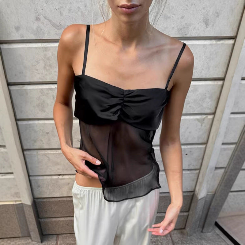 Damen Sexy Trägertop mit transparentem Stoff und raffiniertem Falten-Design R&B