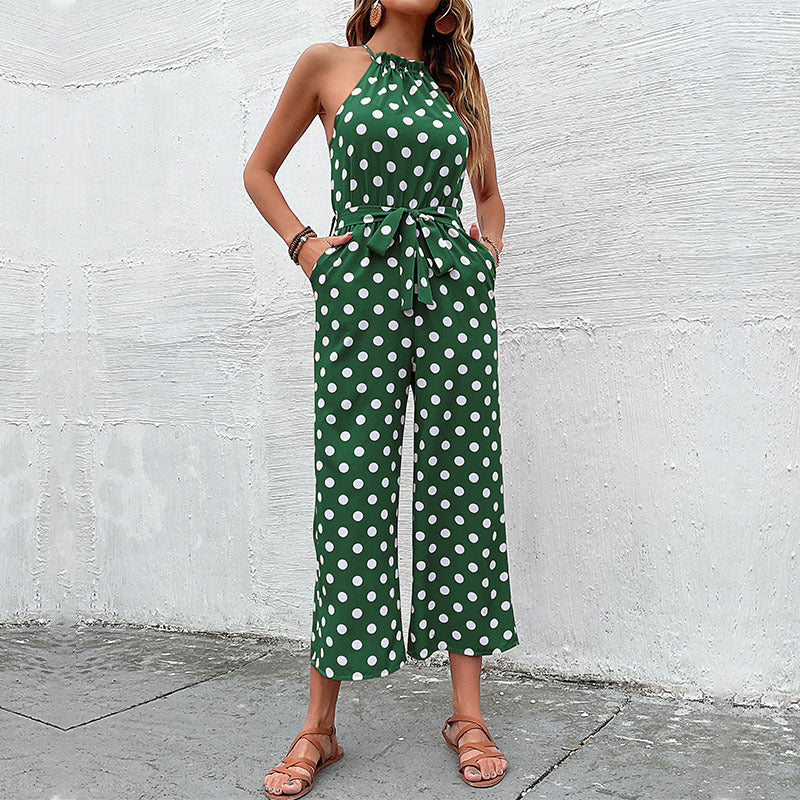 Damen eleganter Jumpsuit mit verstellbarem Bindegürtel und modischem Punkte-Design R&B
