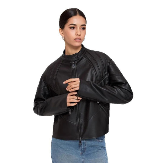 Damen Kunstleder Bikerjacke mit strukturiertem Design R&B