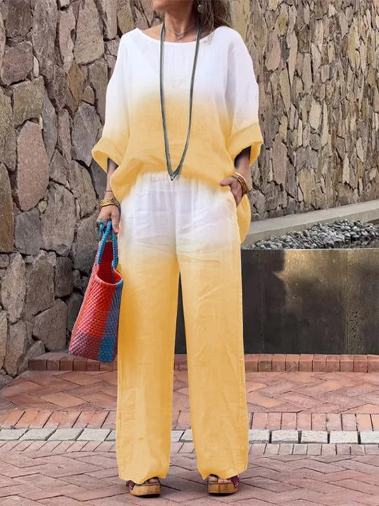 Damen lässiges Leinen-Outfit mit weiten Hosen und lockerer Bluse R&B