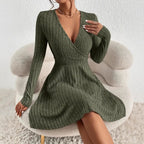Damen Wickelkleid mit langen Ärmeln und gerippter Textur R&B