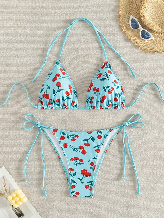 Damen Triangel-Bikini mit fruchtigem Muster und verstellbaren Schnürbändern R&B