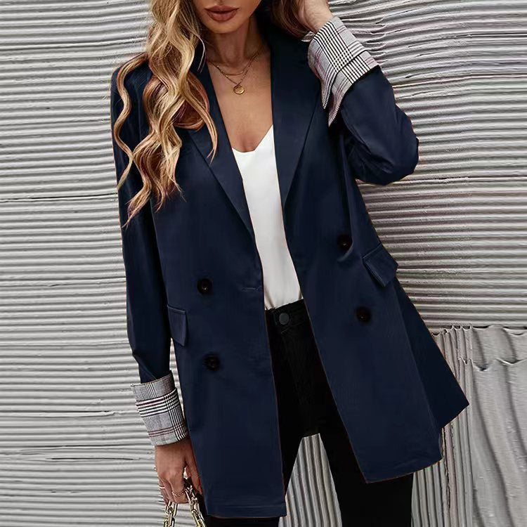 Damen Eleganter Doppelreiher Blazer mit kariertem Detail R&B