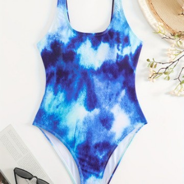 Damen Einteiliger sportlicher Badeanzug mit modischem Tie-Dye-Design R&B