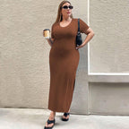 Damen Figurbetontes Maxikleid mit Seitenschlitz und Rippenstruktur R&B
