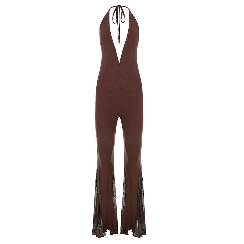 Damen Flared Jumpsuit mit tiefem V-Ausschnitt und transparenten Rüschen R&B