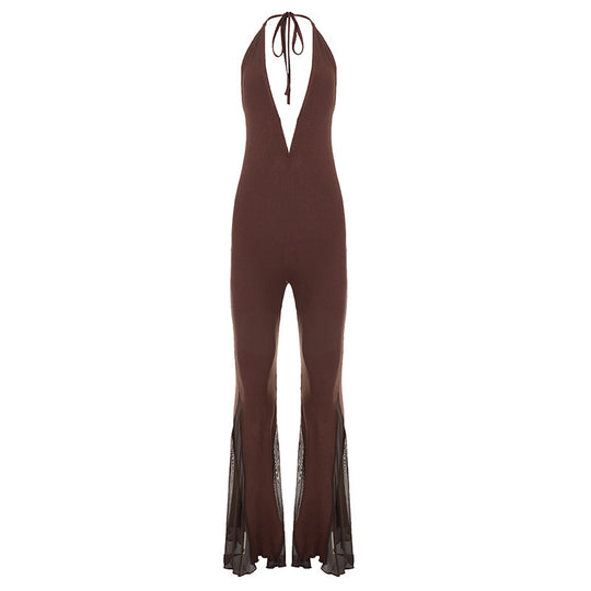 Damen Flared Jumpsuit mit tiefem V-Ausschnitt und transparenten Rüschen R&B