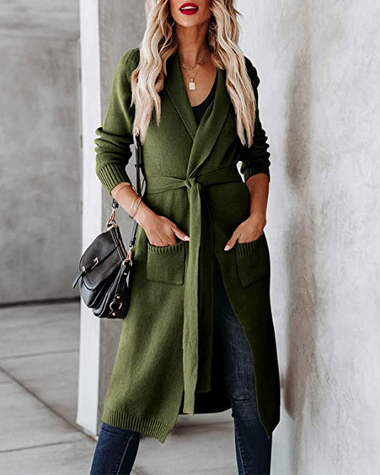 Damen Strickmantel mit Wickeloptik und praktischen Taschen R&B