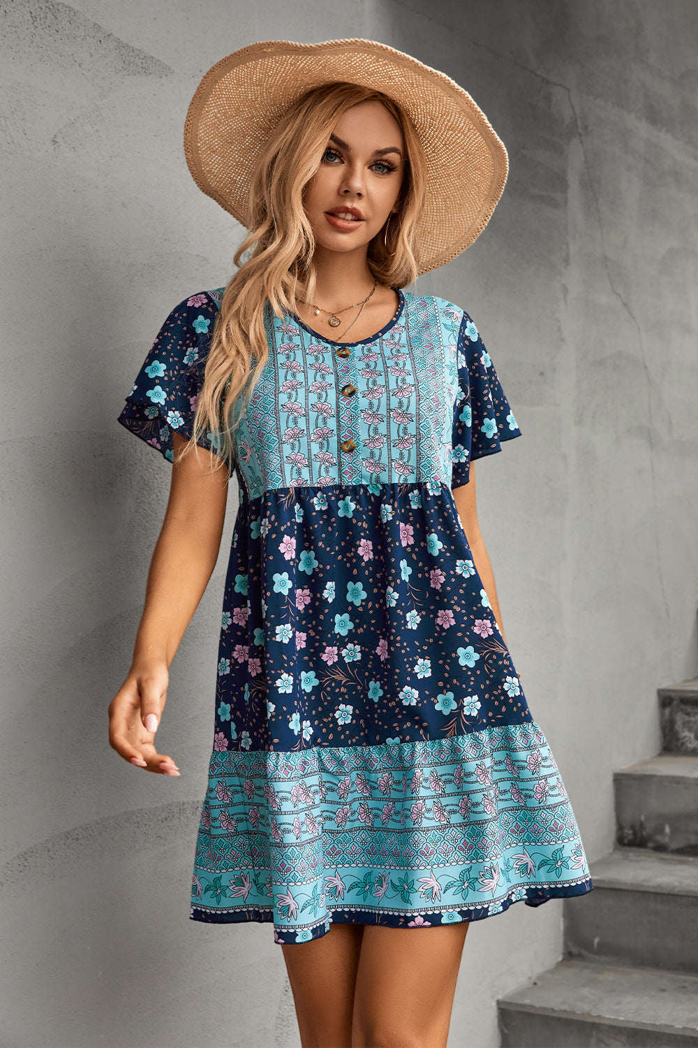 Damen Freizeitkleid mit floralem Vintage-Muster und Knopfdetails R&B
