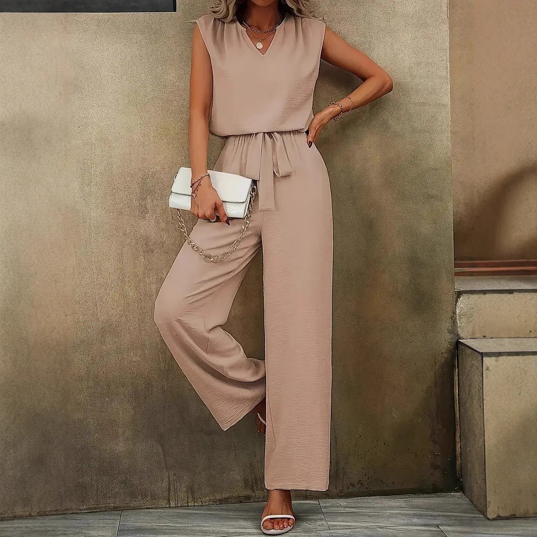 Damen Eleganter Suit mit V-Ausschnitt und Taillenknoten R&B