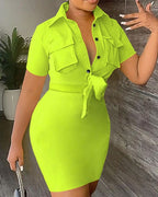 Damen Trendiges Kleid mit Krawattenverschluss und praktischen Taschen R&B