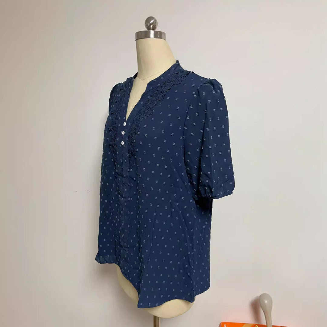 Damen nan semitransparente Dobby-Bluse mit Stehkragen, Häkelblende und Puffärmeln R&B