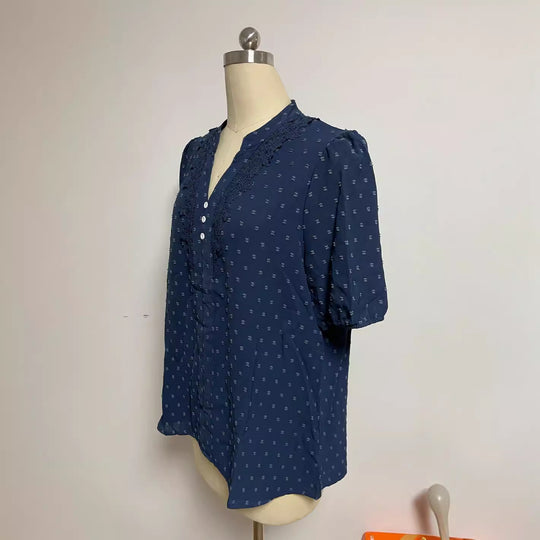 Damen nan semitransparente Dobby-Bluse mit Stehkragen, Häkelblende und Puffärmeln R&B