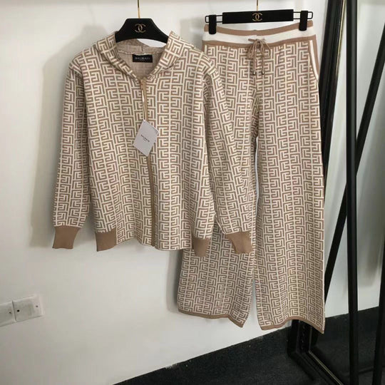 Damen modisches Strick-Loungewear-Set mit grafischem Muster R&B