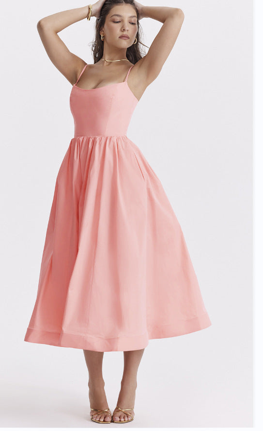 Damen elegantes Midikleid mit Spaghetti-Trägern und fließendem Rock R&B