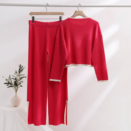 Damen lässiges Strickensemble mit hohem Bund und kontrastierenden Bündchen R&B