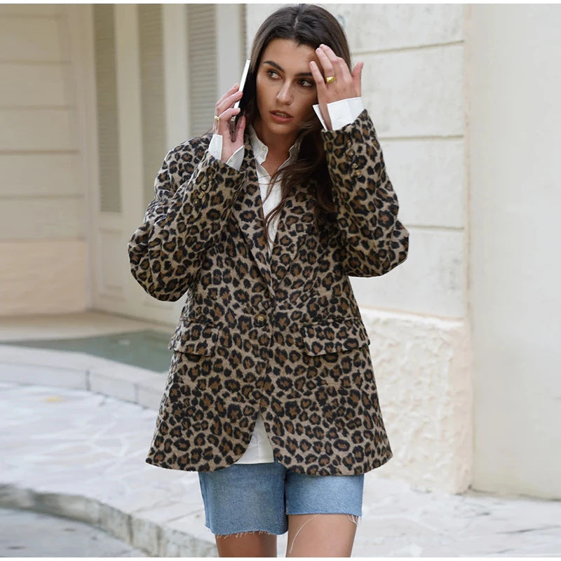 Damen Eleganter Leopardenmuster Blazer R&B