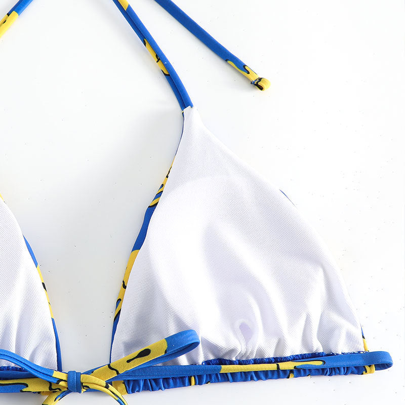 Damen Triangel-Bikini mit fröhlichem Smiley-Muster und verstellbaren BindR&Bändern R&B