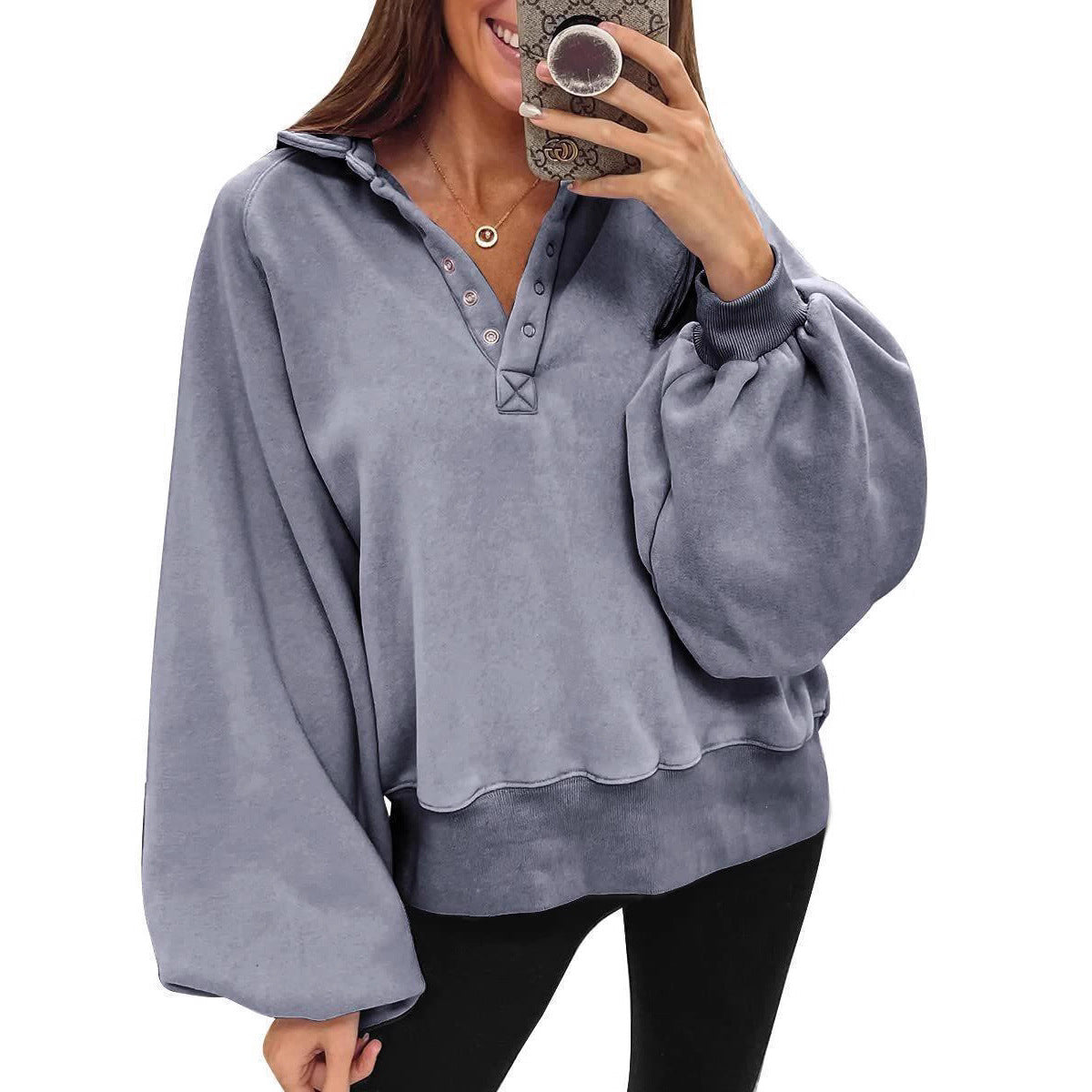 Damen oversized Pullover mit Puffärmeln und Knopfdetails R&B