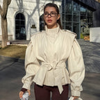 Damen elegante Utility-Jacke mit hochgeschlossenem Kragen und Taillengürtel R&B