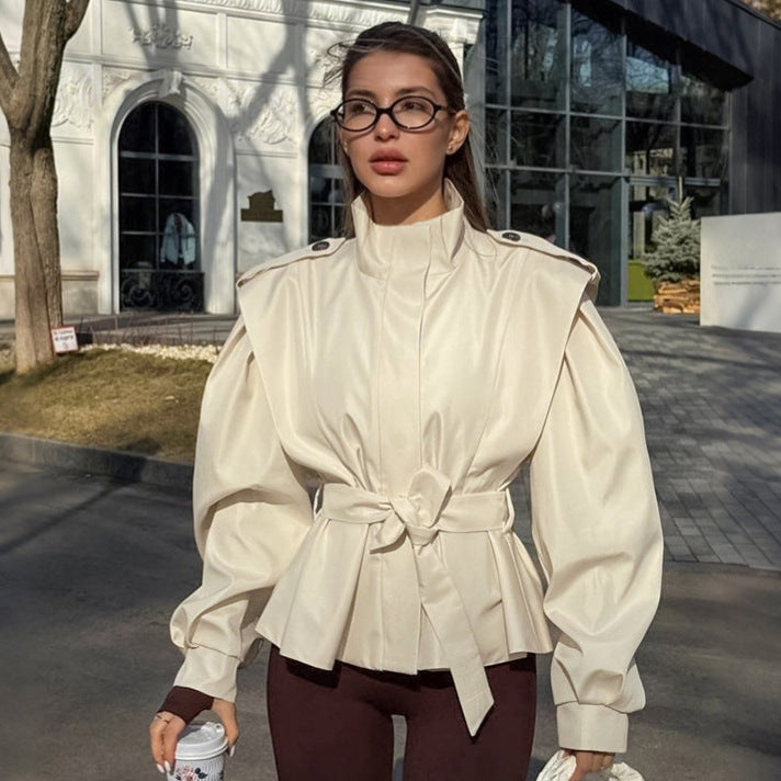Damen elegante Utility-Jacke mit hochgeschlossenem Kragen und Taillengürtel R&B
