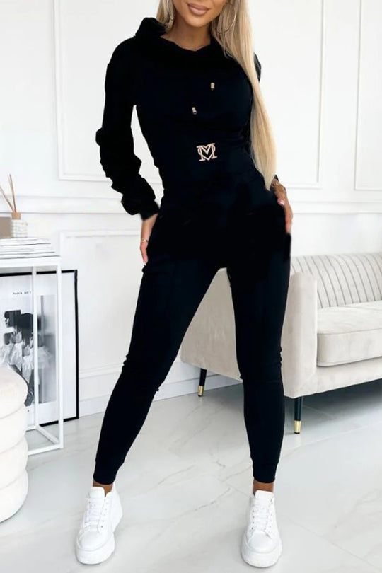Damen Sportliches Jumpsuit-Set mit Kapuze und elastischem Bund R&B