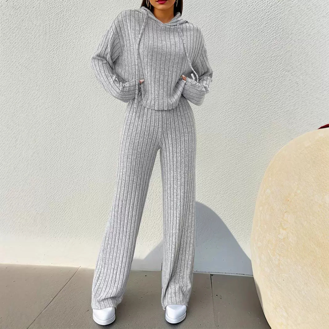 Damen lässiges Strick-Lounge-Set mit Kapuze und weitem Schnitt R&B