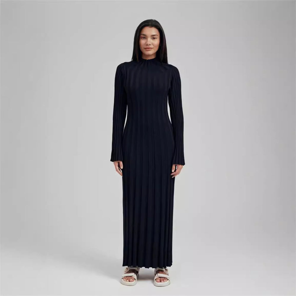 Damen Maxikleid mit elegantem Rippdesign und hochgeschlossenem Kragen R&B