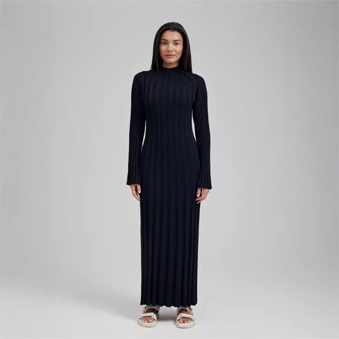 Damen Maxikleid mit elegantem Rippdesign und hochgeschlossenem Kragen R&B