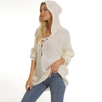 Damen lässiger Strickpullover mit einzigartigem Schnürdesign und lockerer Passform R&B