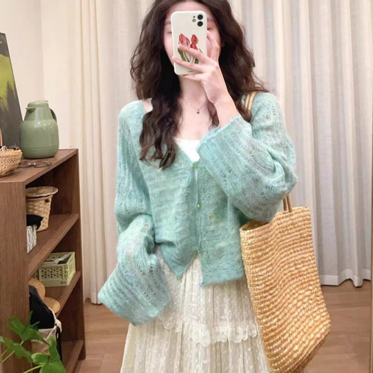 Damen luftiger Strickcardigan mit feiner Lochmusterstruktur und weitem Schnitt R&B