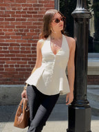 Damen Halterneck-Bluse mit taillierter Passform und Knopfleiste R&B
