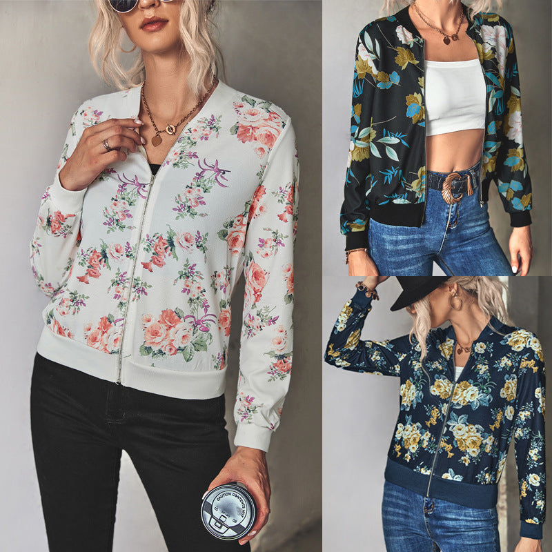 Damen Blütenmuster Freizeitjacke mit Reißverschluss und elastischen Bündchen R&B