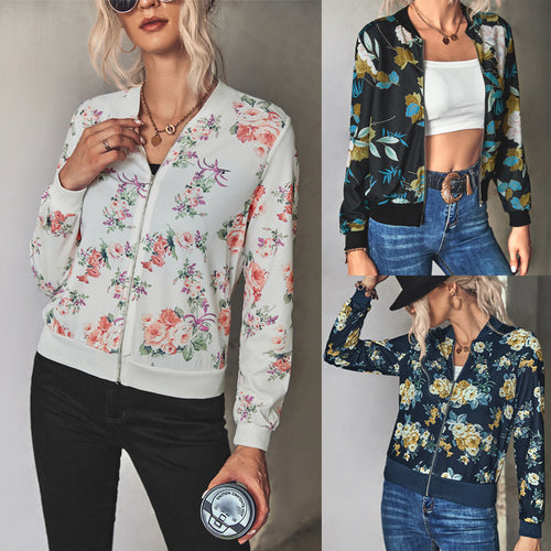 Damen Blütenmuster Freizeitjacke mit Reißverschluss und elastischen Bündchen R&B