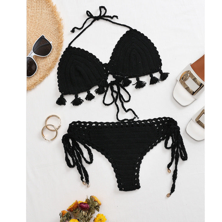 Damen Häkel-Bikini-Set mit fransigen Akzenten und verstellbaren Trägern R&B