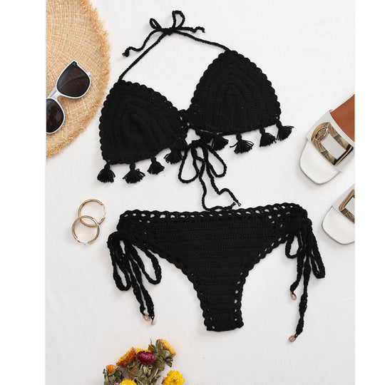 Damen Häkel-Bikini-Set mit fransigen Akzenten und verstellbaren Trägern R&B