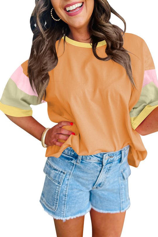 Damen lässiges T-Shirt mit farbenfrohen Ärmeln und weitem Schnitt R&B
