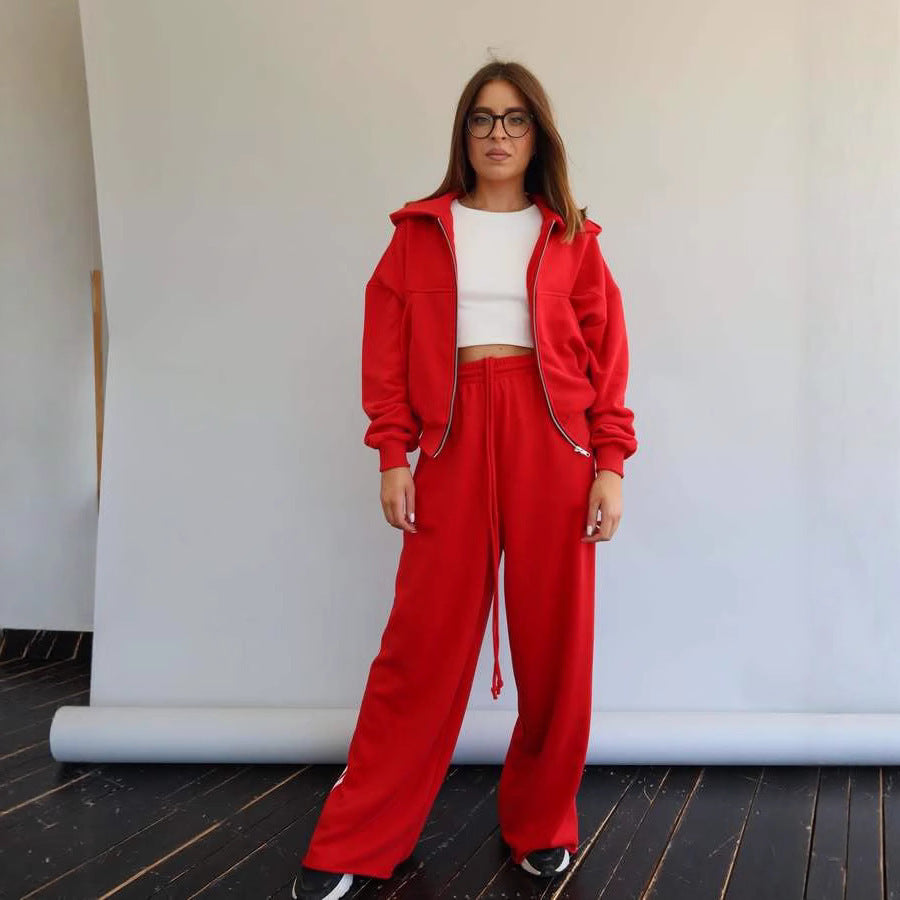 Damen Trendiges Sport-Lounge-Set mit cropped Sweatjacke und weit geschnittenen Jogginghosen R&B