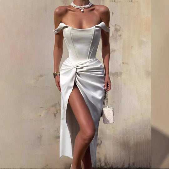 Damen Elegantes Off-Shoulder Maxikleid mit seitlichem Schlitz und raffinierter Drapierung R&B