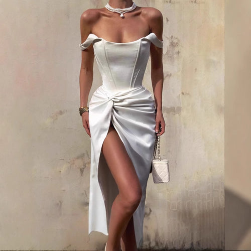 Damen Elegantes Off-Shoulder Maxikleid mit seitlichem Schlitz und raffinierter Drapierung R&B