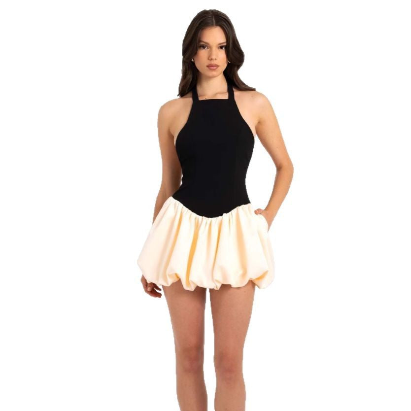 Damen Kurzarm Kleid mit voluminösem Rock und Halterneck R&B