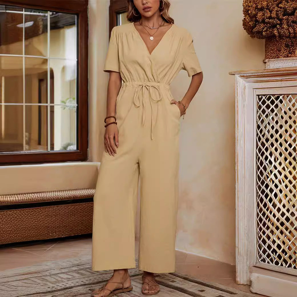 Damen lässiger Jumpsuit mit Taillengürtel und weitem Bein R&B