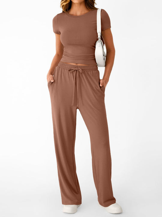Damen lässiger Freizeitanzug mit kurzen Ärmel und weiten Hosen R&B