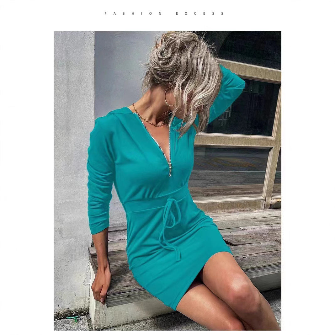 Damen Kapuzenkleid mit Reißverschluss und Taillenzug R&B