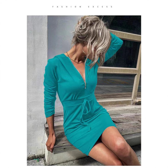 Damen Kapuzenkleid mit Reißverschluss und Taillenzug R&B
