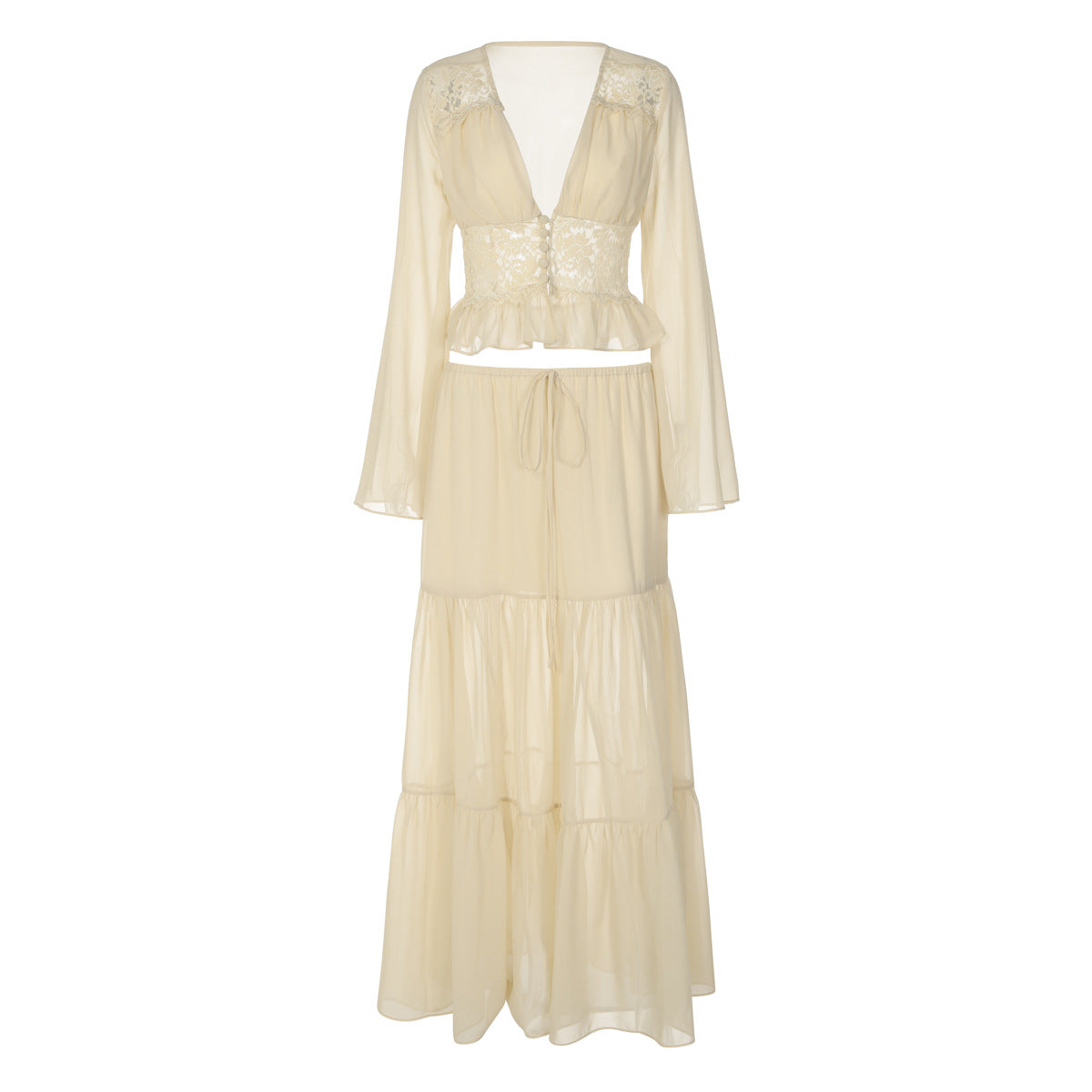 Damen Zweiteiliges Maxi-Kleid mit transparentem Oberteil und elastischem Bund R&B