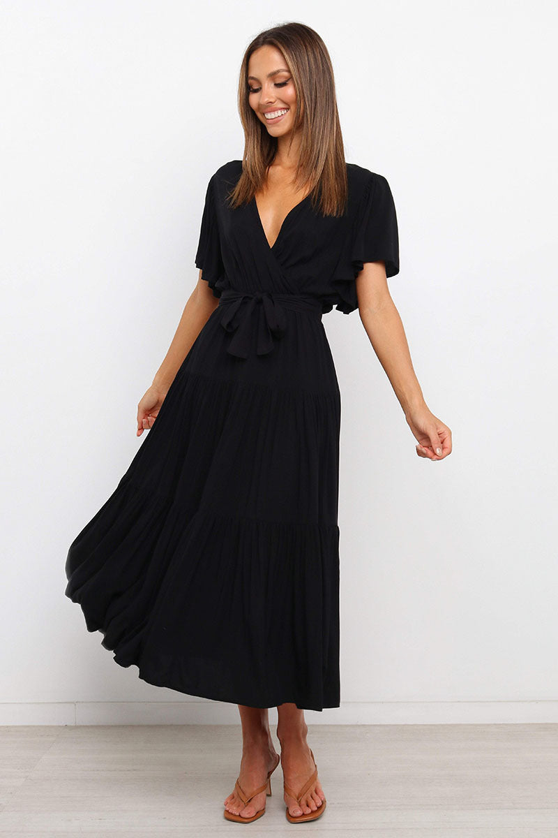 Damen Maxikleid mit tiefem V-Ausschnitt und schwingenden Ärmeln R&B